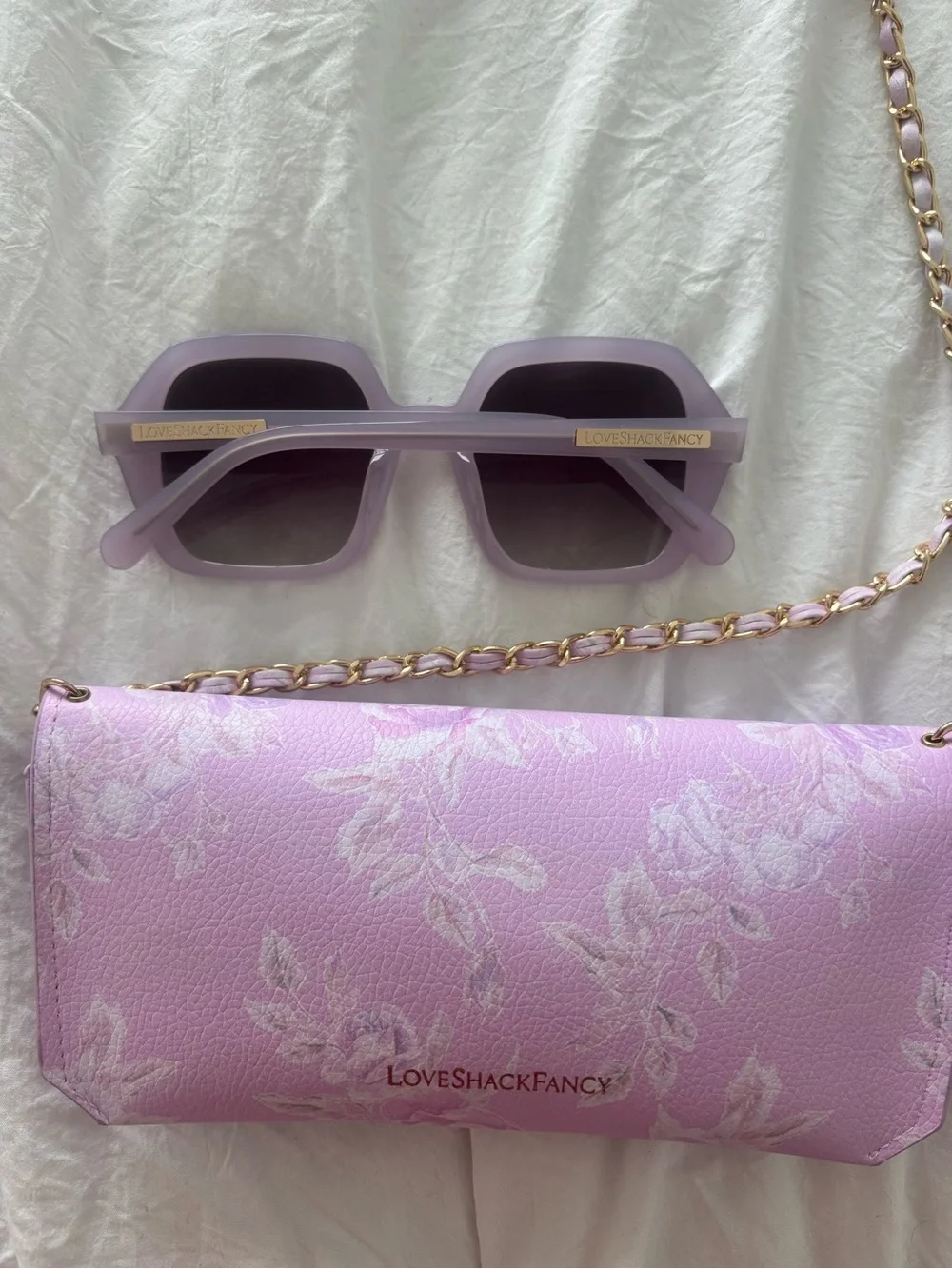 LoveShackFancy Lavender Floral Sunglasses with Matching Lilac Chain Bag